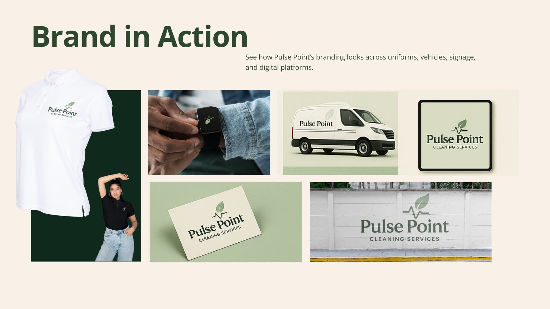 Pulse Point branding in action on vehicles, uniforms, cleaning equipment, and marketing materials